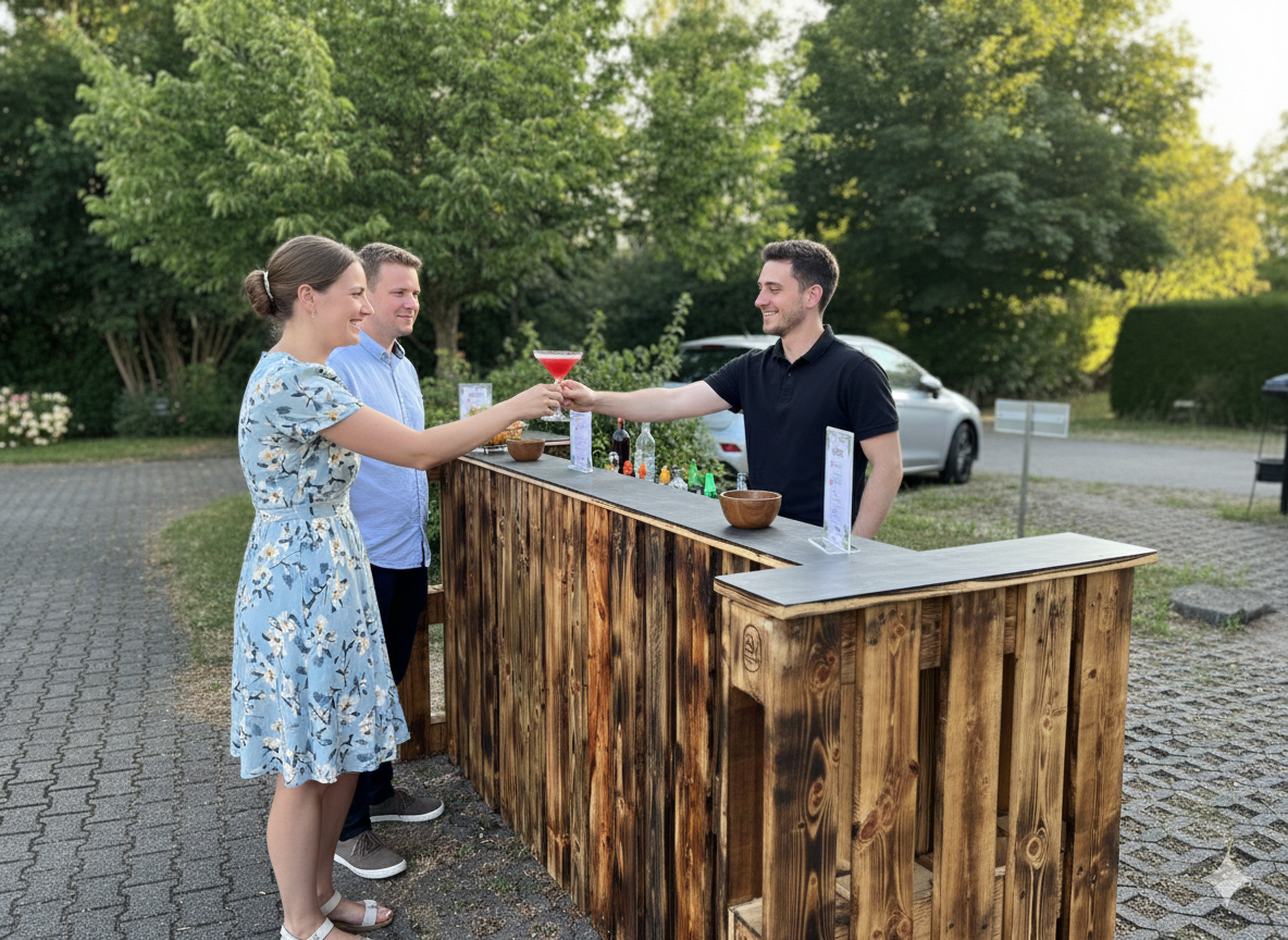 Mobile Cocktailbar seitlich mit Gästen