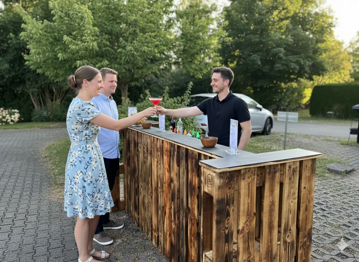Mobile Cocktailbar seitlich mit Gästen
