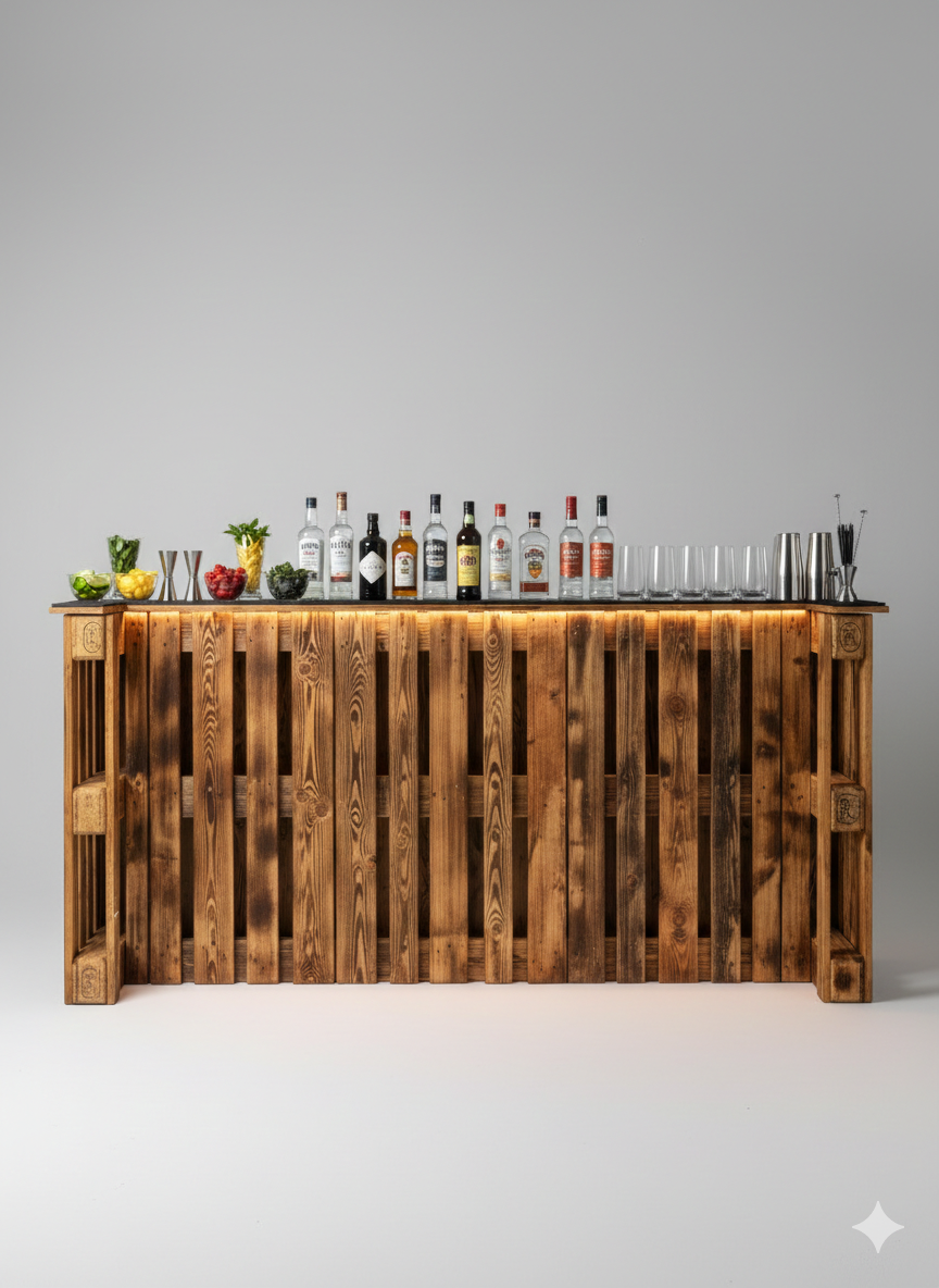 Palettenbar von Billy's Cocktailservice - Rustikale mobile Cocktailbar aus geflammtem Holz